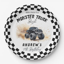 Moderne Kinder Schwarzes Monster Trucks Geburtstag Pappteller