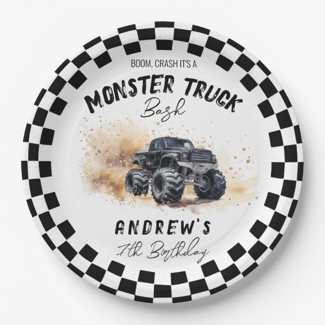 Moderne Kinder Schwarzes Monster Trucks Geburtstag Pappteller (Vorderseite)