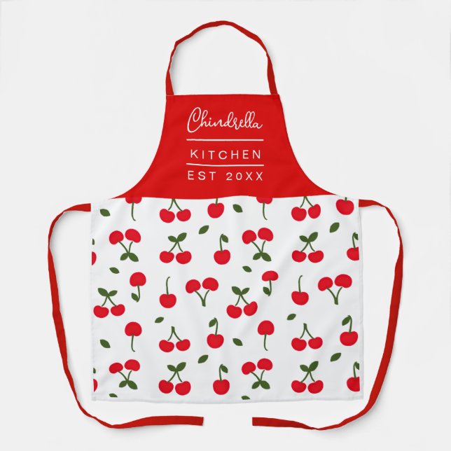 Moderne Kirschbeeren-Muster mit individuellem Name Schürze (Vorderseite)