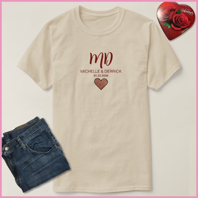 Moderne Kirschrote Monogramm-Ehepartner-Name T-Shirt (Von Creator hochgeladen)