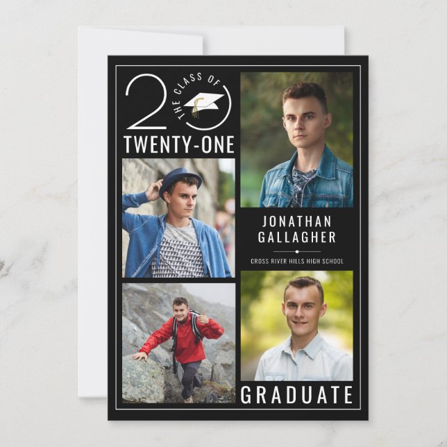 Moderne KLASSE 2021 Foto Collage Black Graduate Ankündigung (Vorderseite)