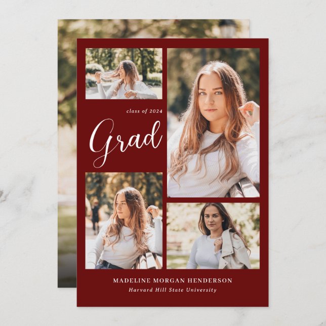 Moderne Klasse 5 Foto Collage Burgundy Abschluss Ankündigung (Vorne/Hinten)