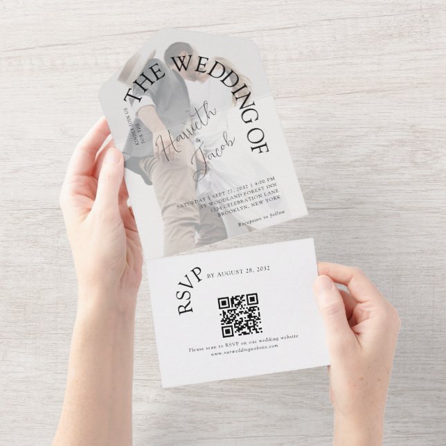 Moderne Klassik - Foto QR-Code Hochzeit All In One Einladung (Abreißen)