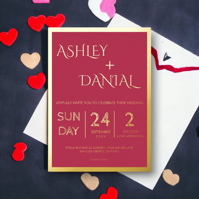 Moderne Klassik Magenta Gold Script Gerahmte Hochz Folieneinladung (Von Creator hochgeladen)