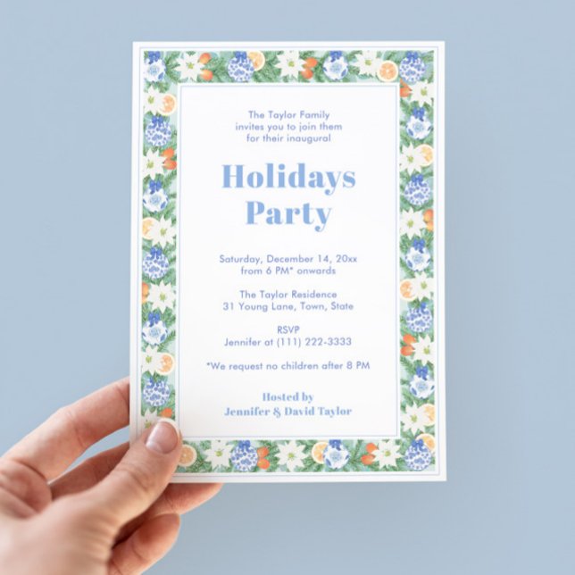 Moderne Klassische Chinoiserie Citrus Holidays Par Einladung (Citrus Ginger Jar Holidays Party Invitation Featuring Hand Painted Chintz border in blues and orange)