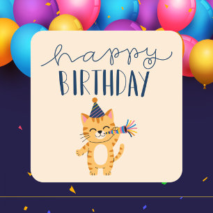 Moderne klassische einfache Happy Birthday Katze Quadratischer Aufkleber