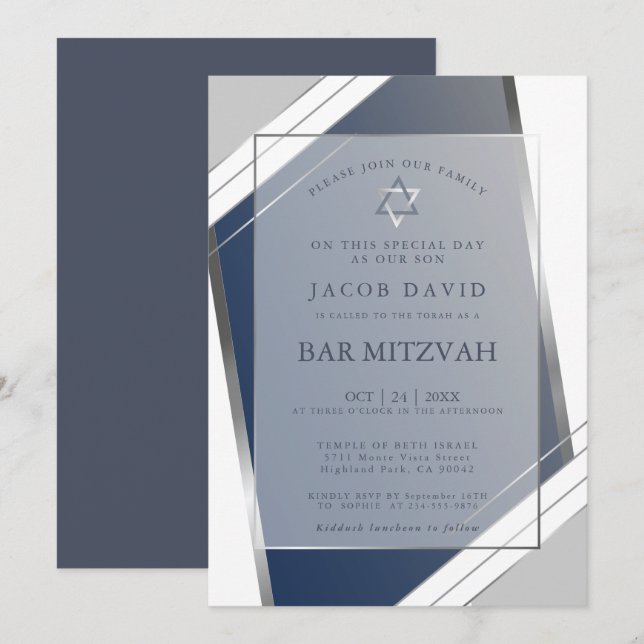 Moderne klassische Geometrie Blue Silver Bar Mitzv Einladung (Vorne/Hinten)