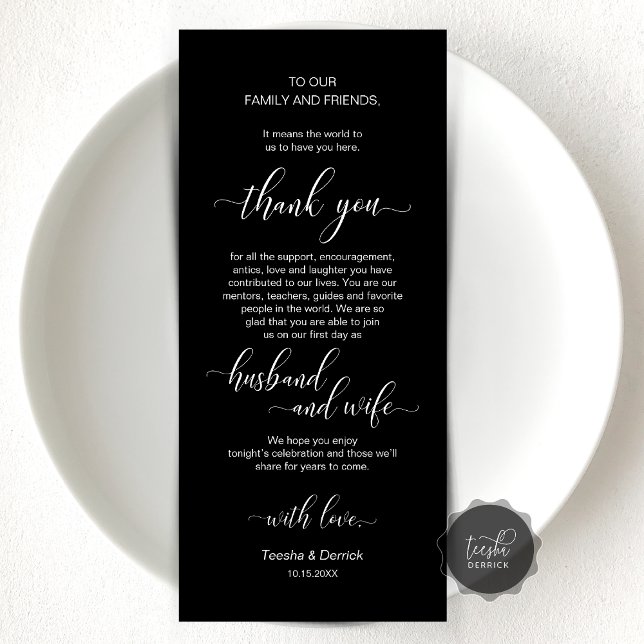 Moderne klassische Hochzeitsplattform dank Karte (Wedding Dinner or Elopement Brunch Place Setting Thank You Card, In Modern Classy Black and white)