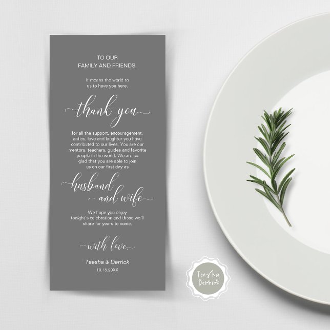 Moderne klassische Hochzeitsplattform dank Karte (Wedding Dinner Place Setting Thank You Card, Plate Decor, Modern Classy, in Dark Grey)