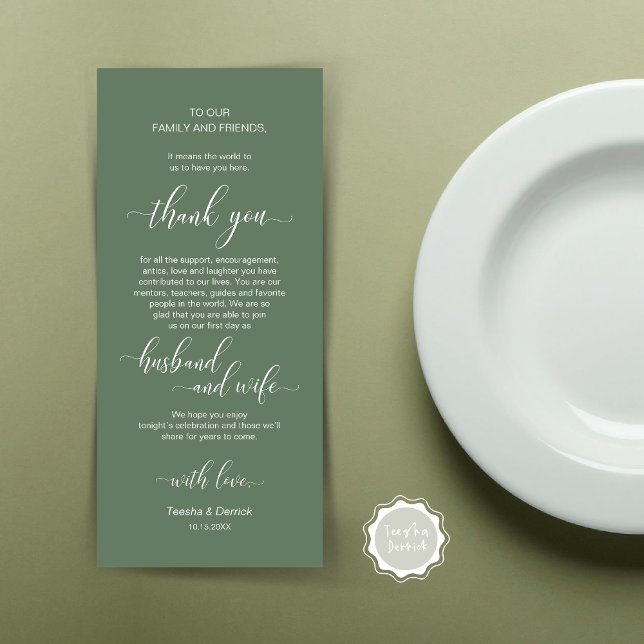 Moderne klassische Hochzeitsplattform dank Karte (Wedding Dinner Place Setting Thank You Card, Plate Decor, Modern Classy, in Forest Sage Green)