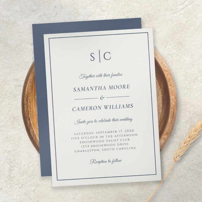 Moderne, klassische Monogramm-Creme & Navy Blue Einladung (Modern Wedding Classic Monogram Cream & Navy Blue Invitation)