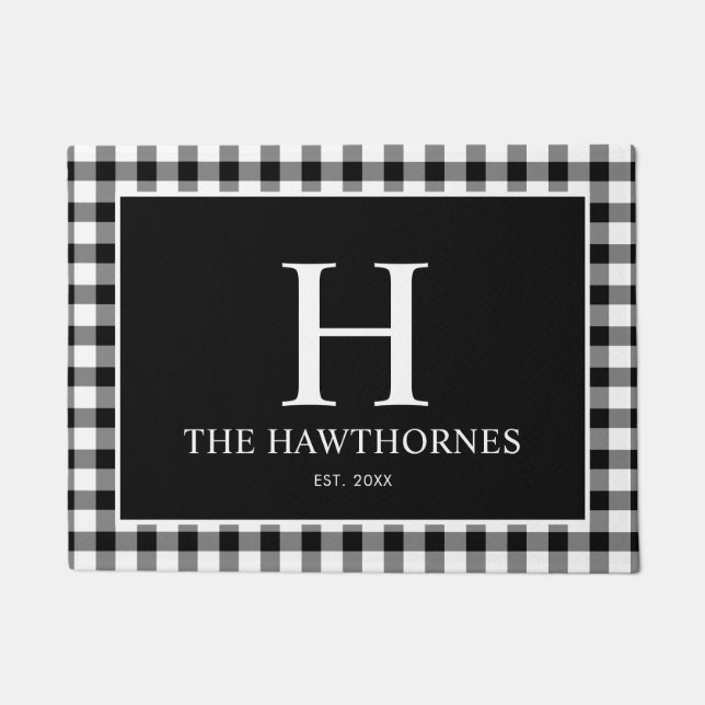 Moderne klassische Monogramm-Gingham-Karo Fußmatte (Vorderseite)