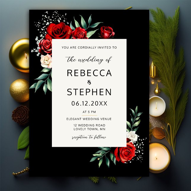 Moderne klassische Rote Rose Baby-Breath-Blumenzeh Einladung (Von Creator hochgeladen)