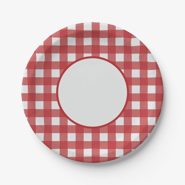 Moderne klassische rote und hellgraue Gingham-Must Pappteller (Vorderseite)