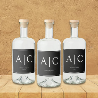 Moderne klassische Schwarz-Monogramm-Hochzeit Alkoholflaschenetikett