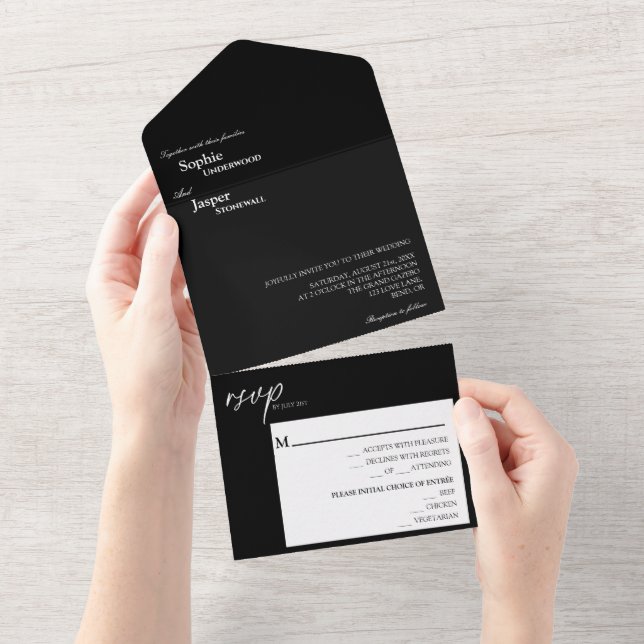 Moderne klassische Schwarze Hochzeit All In One Einladung (Abreißen)