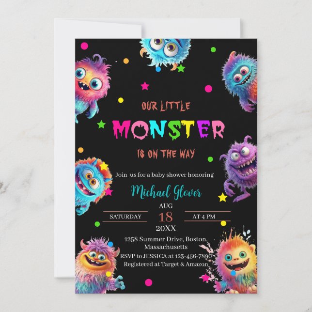 Moderne Kleine Monster Wasserfarben Babydusche Einladung (Vorderseite)
