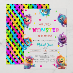 Moderne Kleine Monster Wasserfarbene Babydusche In Einladung