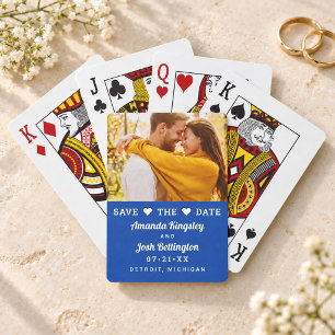 Moderne königsblaue Foto-Herz-Save-the-Date-Karte Spielkarten