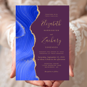 Moderne königsblaue Gold-Achat-Pflaume-Hochzeit Einladung