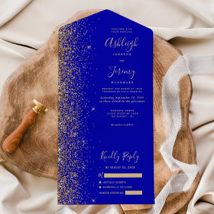 Moderne königsblaue Gold-Glitter-Hochzeit All In One Einladung