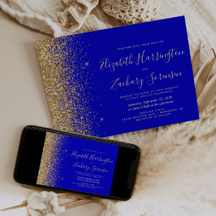 Moderne königsblaue Gold-Glitter-Hochzeit Einladung
