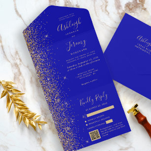 Moderne königsblaue Gold Glitter QR-Code Hochzeit All In One Einladung