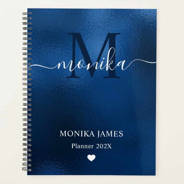 Moderne königsblaue Monogramm mit gebürstetem Meta Planer (Vorderseite)