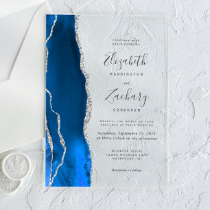 Moderne königsblaue Silber-Achat-Hochzeit Acryleinladungen