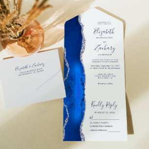 Moderne königsblaue Silber-Achat-Hochzeit All In One Einladung