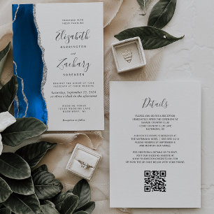 Moderne königsblaue Silber-Achat-QR-Code-Hochzeit Einladung