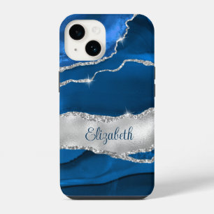 Moderne königsblaue und silberne Achat-Monogramm iPhone 14 Hülle