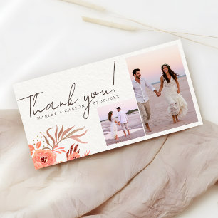 Moderne Korallen-Blumen-Hochzeit mit zwei Fotos Dankeskarte