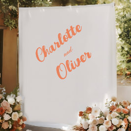 Moderne Korallenorange Paar-Namen Hochzeitshinterg Wandteppich