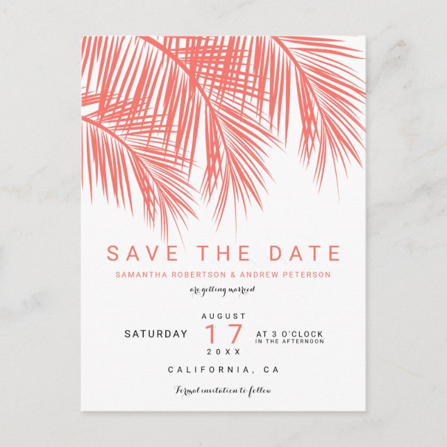 Moderne Korallenpalme Save the Date elegant Ankündigungspostkarte (Vorderseite)