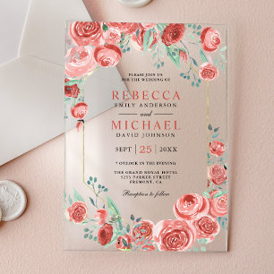 Moderne korallenrosa Rosen Florale Hochzeit Acryleinladungen