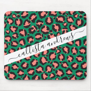 Moderne Korallenrosa Schwarzer Grüner Leopard Tier Mousepad