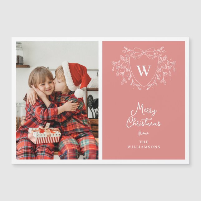 Moderne Korallenrosa, weißes Wappen Foto Magnetkar Magnetkarte (Vorderseite)