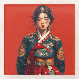 Moderne koreanische Frau im Hanbok-Porträt  Glasuntersetzer