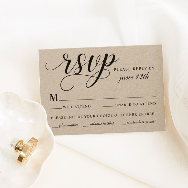 Moderne Kraft- und Schwarz-Script-Hochzeit RSVP Karte (Von Creator hochgeladen)