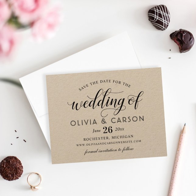 Moderne Kraft- und Schwarz-Script-Hochzeit Save The Date (Von Creator hochgeladen)