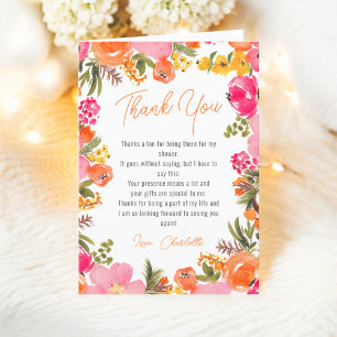 Moderne, kräftige orangefarbene Blumen Schriftzug Dankeskarte