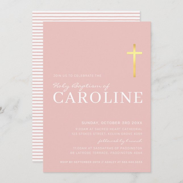 MODERNE KROSS goldene heilige Taufe minimal rosa w Einladung (Vorne/Hinten)