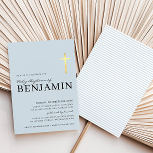 MODERNE KROSS Taufe Minimal Baby Blue Gold Folie Einladung