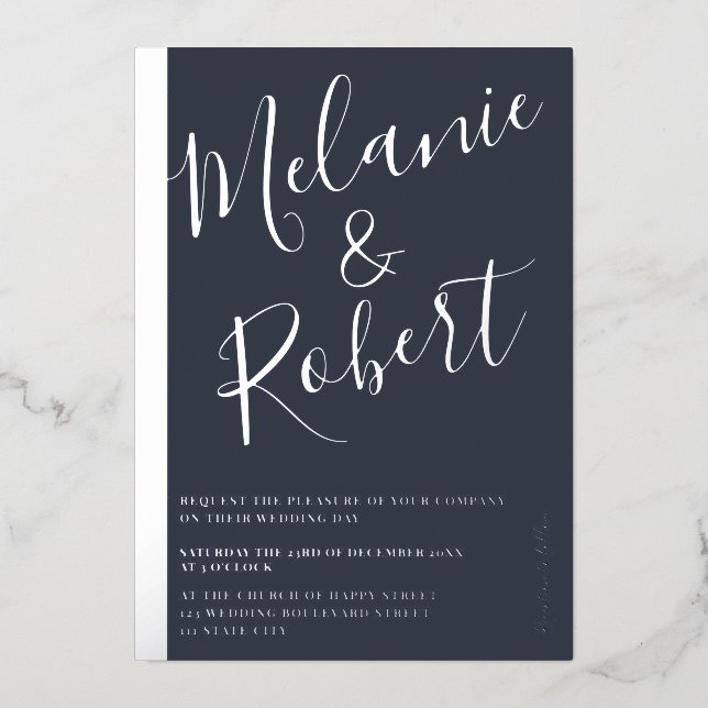 Moderne kühle blaue Hochzeit Foto Silberstreifen Folieneinladung (Vorderseite)