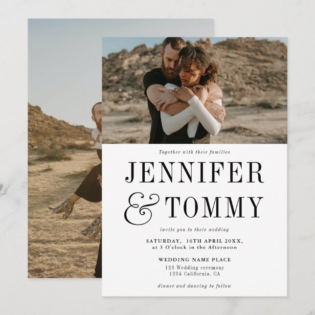 Moderne kühle Fall Schwarz-weiße Hochzeit des Foto Einladung (Vorne/Hinten)