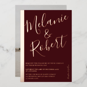 Moderne kühle Hochzeit Foto Rose Goldstreifen Folieneinladung