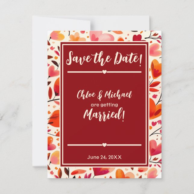 Moderne, kühne, rote Herzmuscheln Blogs Save The Date (Vorderseite)