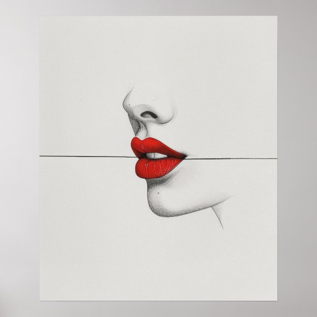 Moderne, kühne rote Lippen minimalistische Linienk Poster (Vorne)