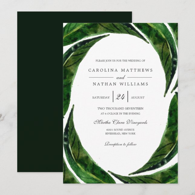 Moderne kühne tropische Blätter Hochzeit | Dunkel Einladung (Vorne/Hinten)